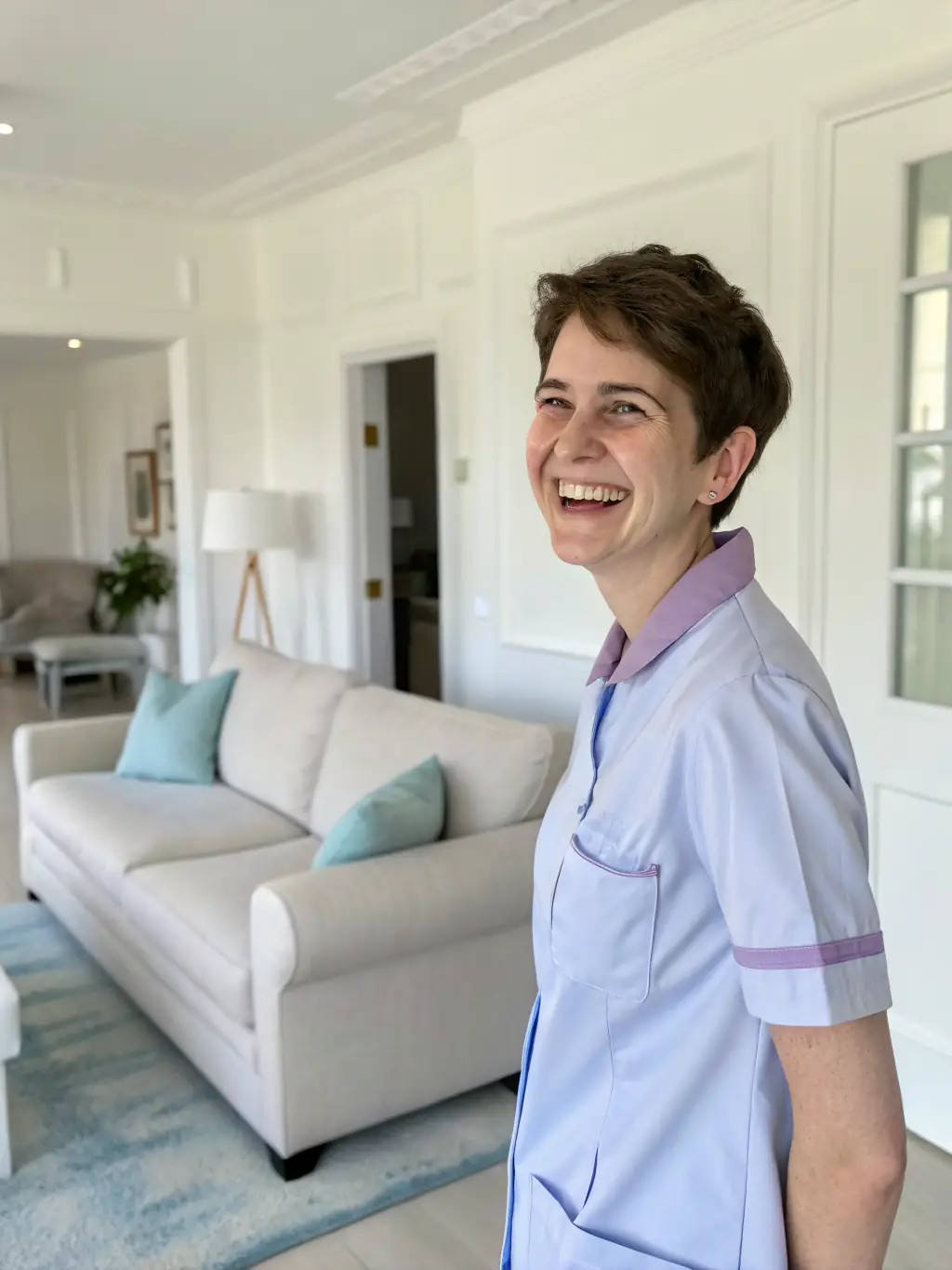 A friendly Priscila Sparkle Cleaning team member smiling and giving a thumbs-up, symbolizing their commitment to excellent service. The background is a sparkling clean living room.
