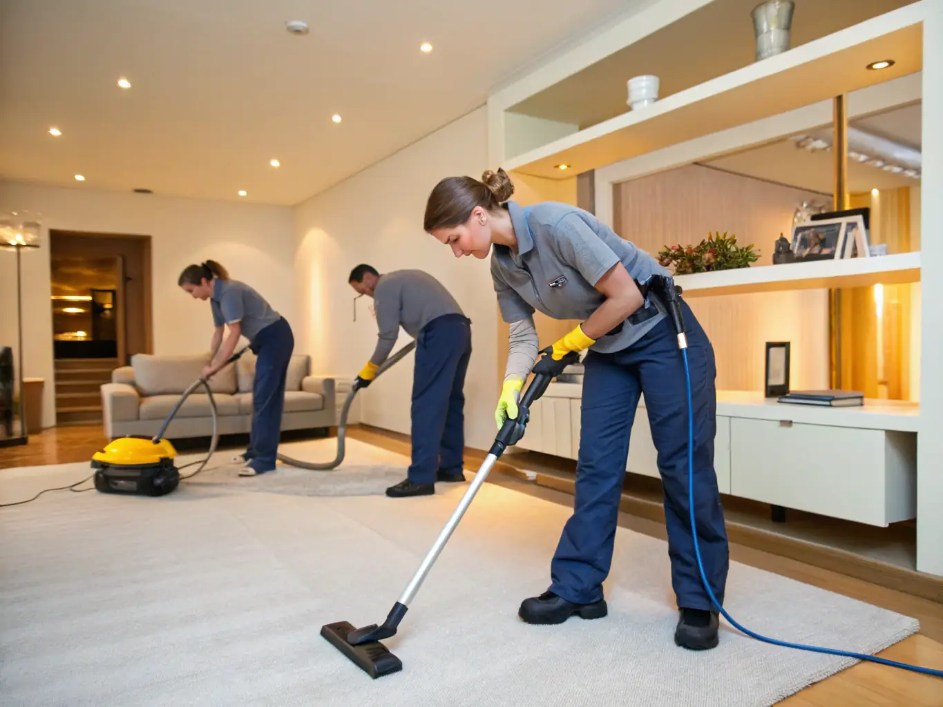 A vacant, spotless apartment being cleaned by a team, emphasizing the efficiency of move-in/move-out cleaning services.
