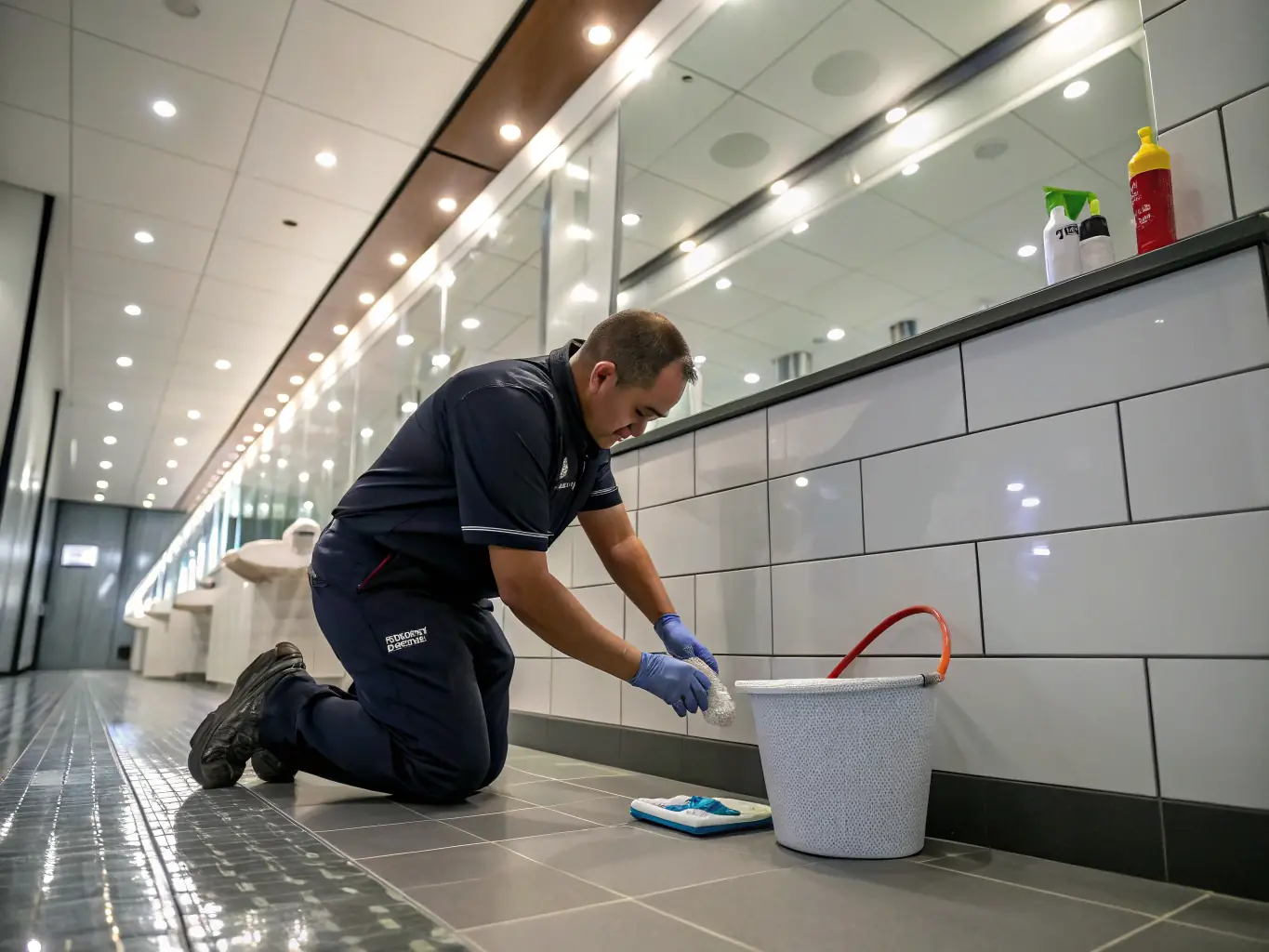 A close-up shot of a cleaning professional scrubbing bathroom tiles, highlighting the thoroughness of deep cleaning services.