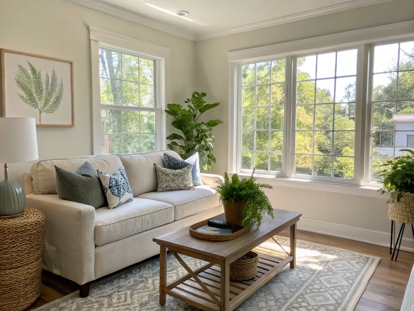 A bright and clean living room with sunlight streaming through the windows, showcasing a freshly cleaned home environment.