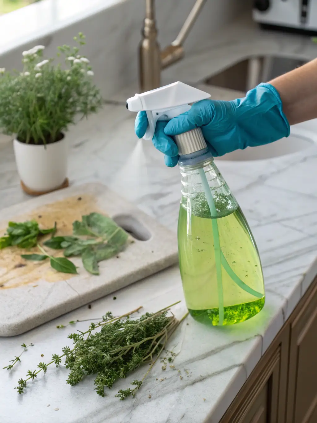 A close-up shot of a person's hand holding a spray bottle filled with natural cleaning solution, spraying onto a wooden surface. The background is blurred, showing a clean and tidy home environment.