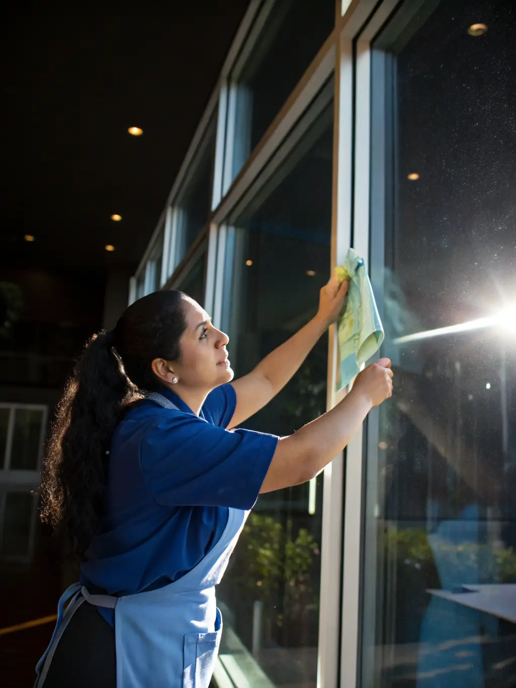 A Priscila Sparkle Cleaning employee using eco-friendly cleaning products in a sunlit bathroom, emphasizing our commitment to sustainability.