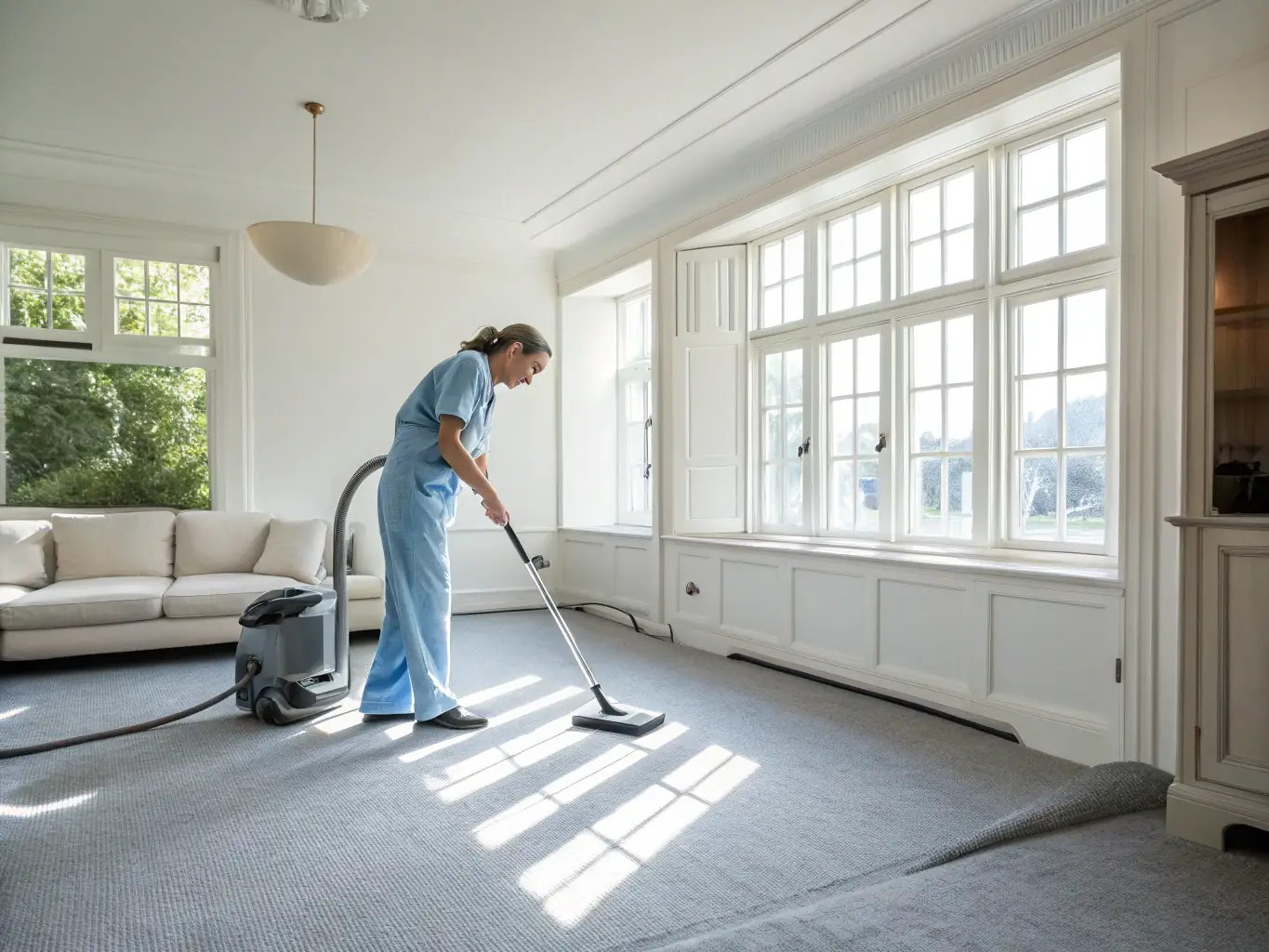 A brightly lit and tidy living room with a woman vacuuming the floor, showcasing regular house cleaning services.