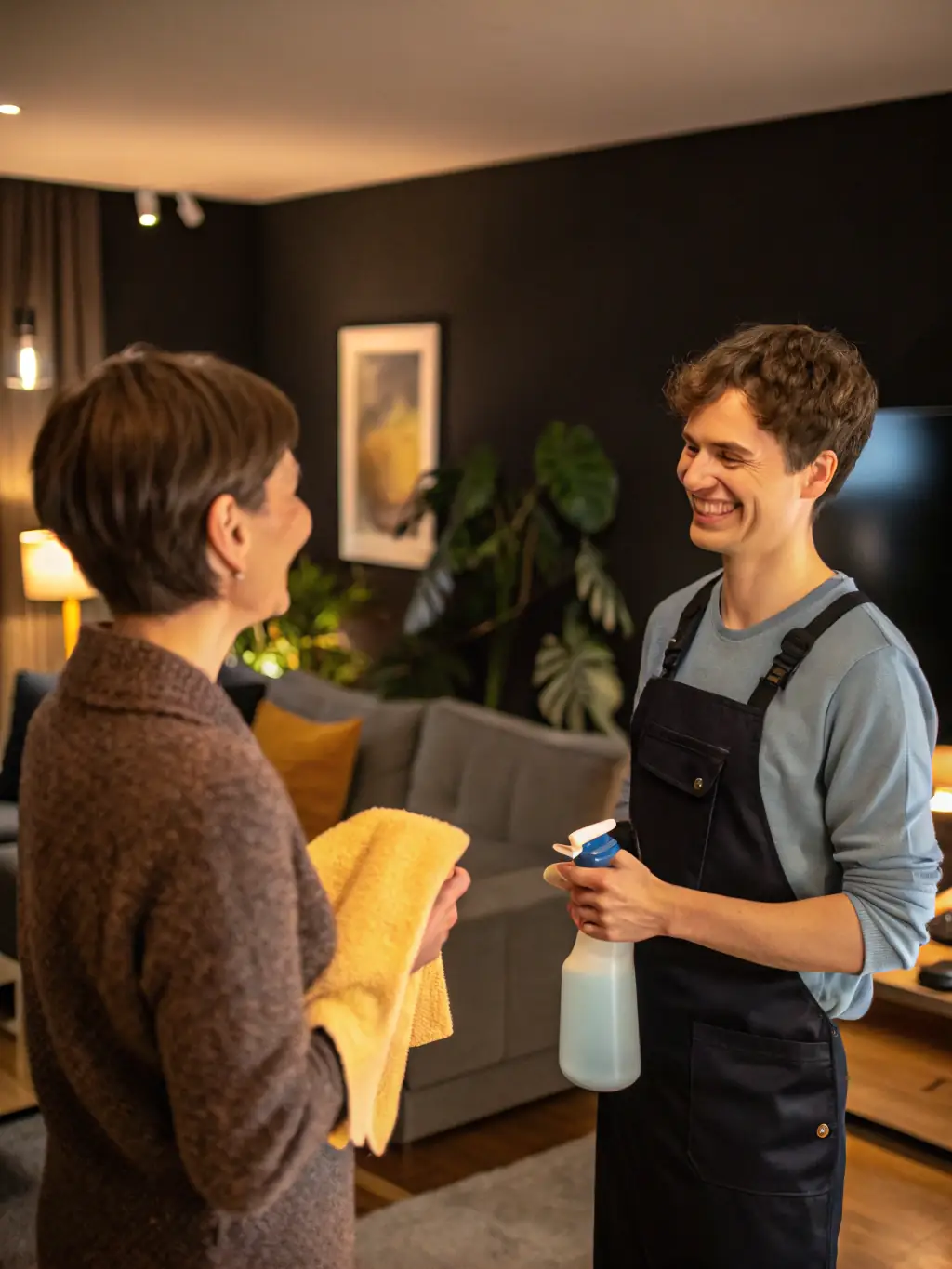 A friendly Priscila Sparkle Cleaning team member smiling while holding cleaning supplies in a spotless living room, representing our commitment to excellent service.